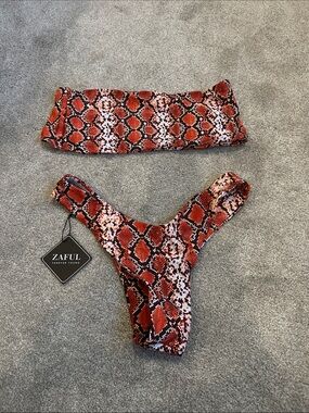 Zaful Red & Black Snake-Print Bandeau Bikini
